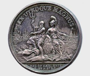 Η παράσταση της Αθηνάς και του Ποσειδώνα δεν αποτελεί αναφορά στον αρχαίο μύθο της διεκδίκησης της αττικής γης από τους δύο θεούς, αλλά συμβολίζει την κυριαρχία του Μεγάλου Πέτρου σε ξηρά και θάλασσα. Ρωσικής Αυτοκρατορίας, αργυρό μετάλλιο στο όνομα του Μεγάλου Πέτρου, 1672-1725. Νομισματικό Μουσείο, Συλ. Ζωσιμά.